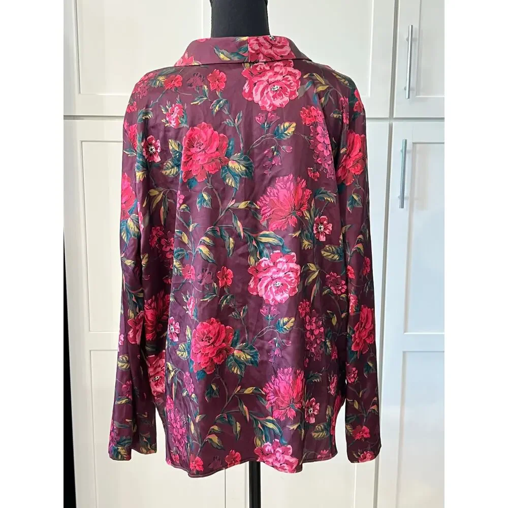 Victoria’s Secret Pajama Set Sz L/XL Slit Shorts Long Sleeve Top Burgundy Floral